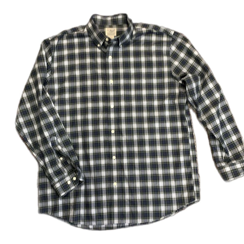 L.L. Bean Men's Navy Green White Plaid Traditional Fit LS Button-Down Shirt Sz L